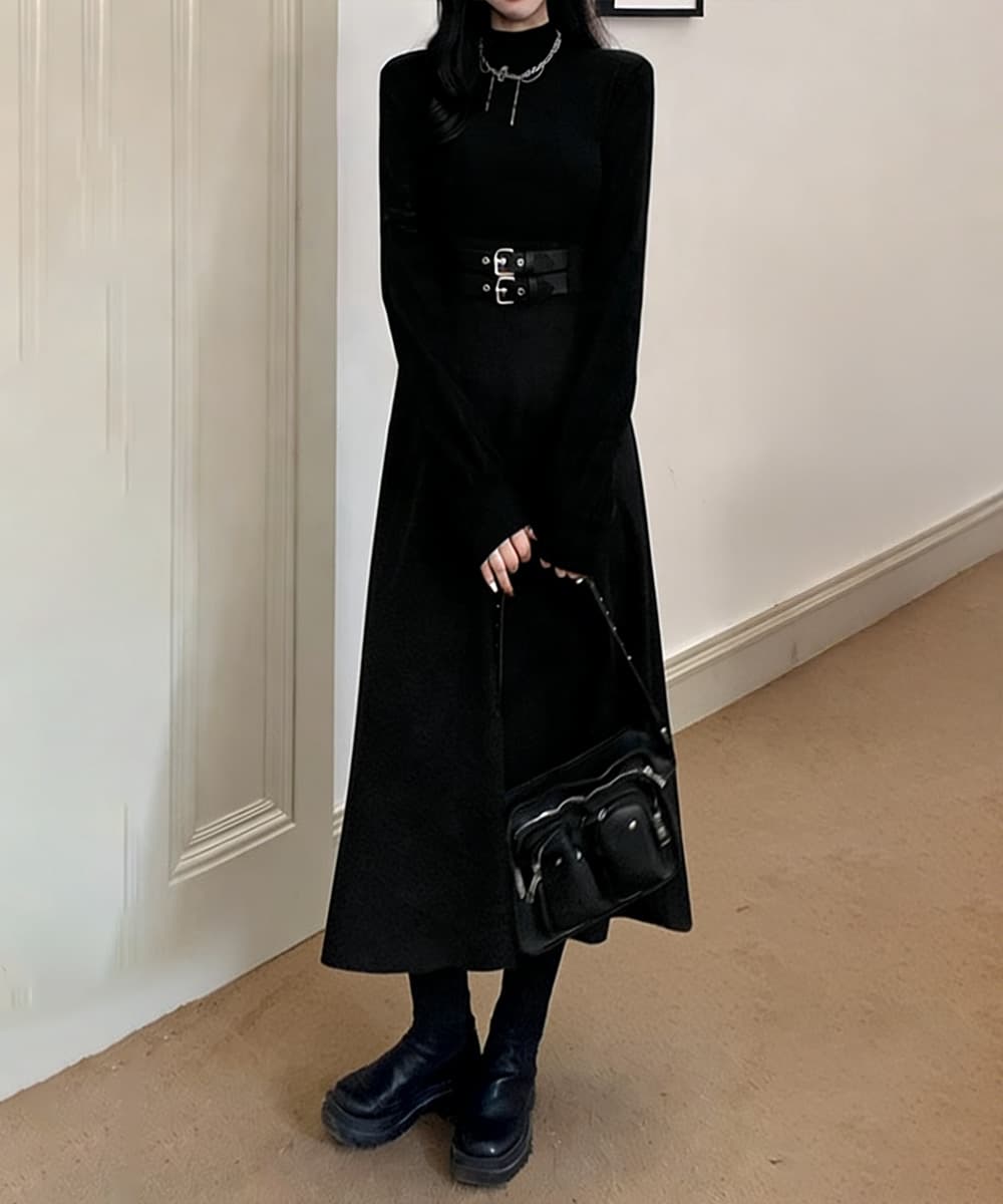 ニット切り替えベルト飾りロングワンピース