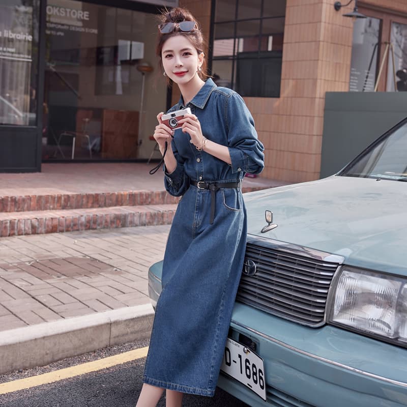 ロングワンピース デニム 前開きベルト付きデニムロングワンピース