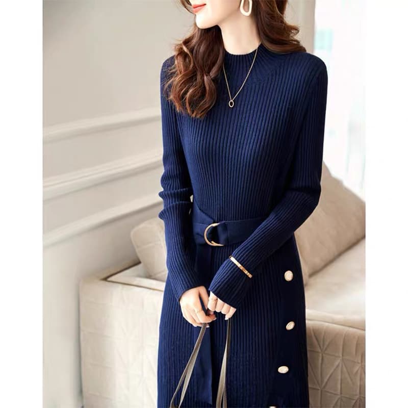 ロングワンピース 韓国風リブニットワンピース長袖ベルト付き