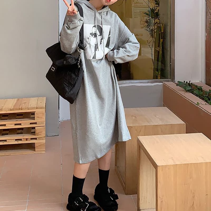 ロングワンピース フード付き切替ゆるふわワンピース