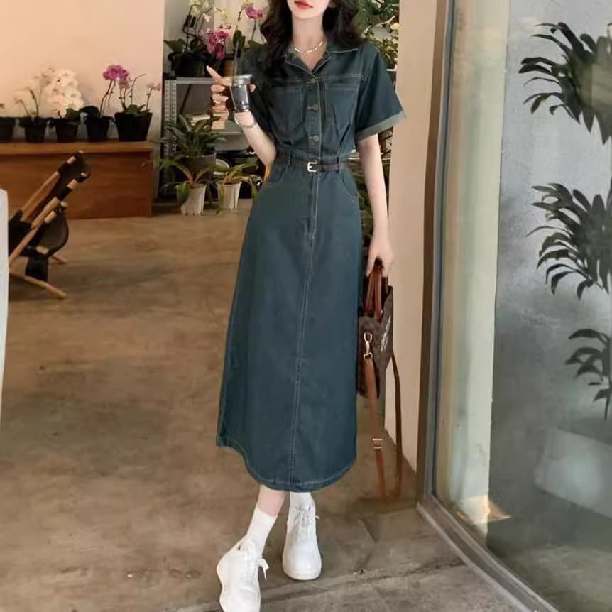 ロングワンピース 優美シルエット デニムワンピース