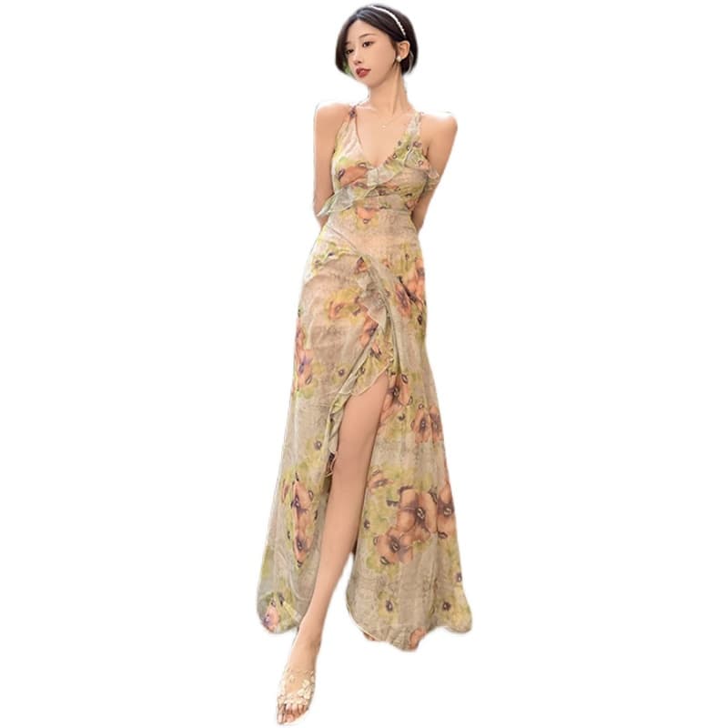 ロングワンピース キャミ 花柄シフォン素材サイドスリット入りキャミソールワンピース