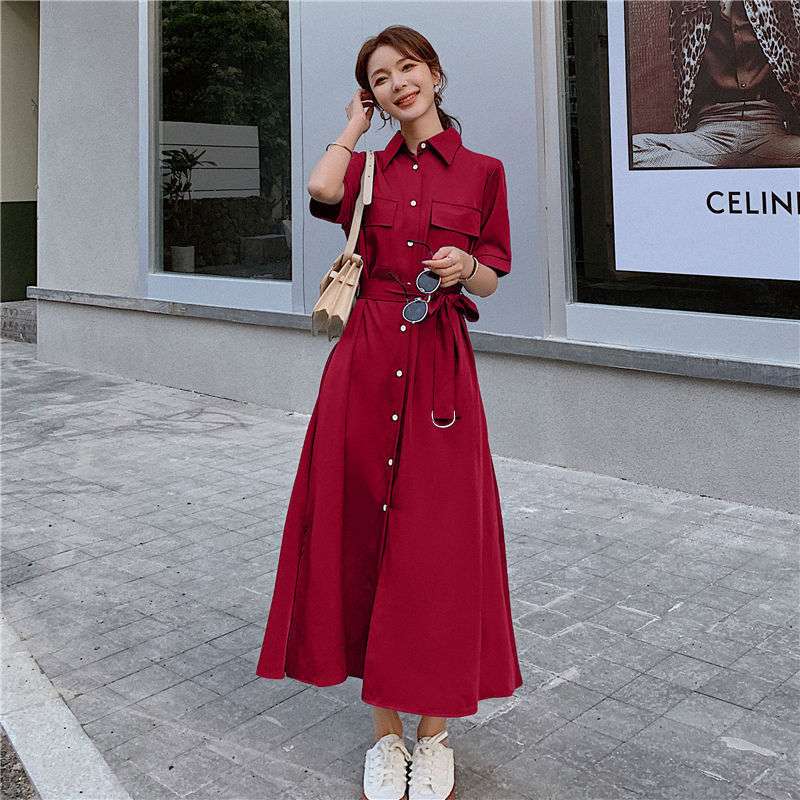 ロングワンピース フェミニンギャザーベルト付きロングワンピース