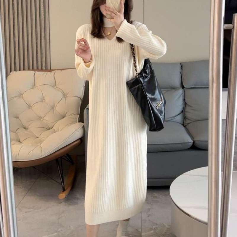 ロングワンピース シンプル美シルエットリブニットワンピース