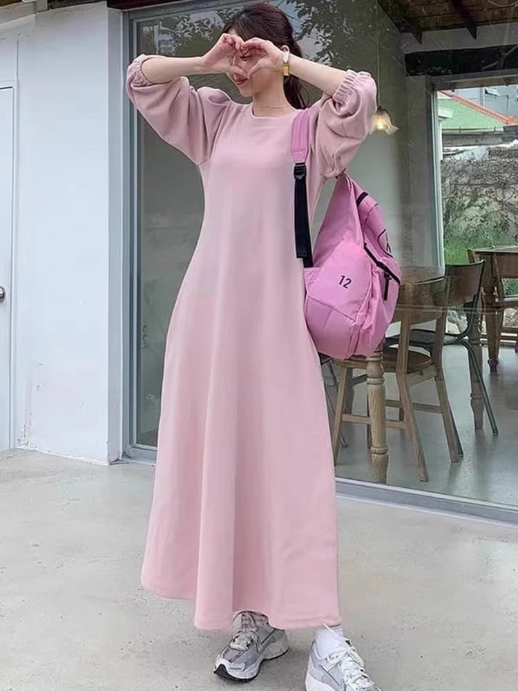 ロングワンピース ふんわり袖のゆったりワンピース