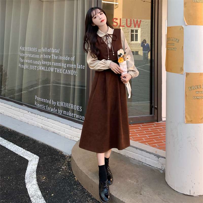 ロングワンピース 花束リボンカラー切替えセーラーワンピース