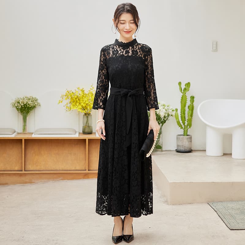 ロングワンピース シンプルリュクス総レース ワンピース