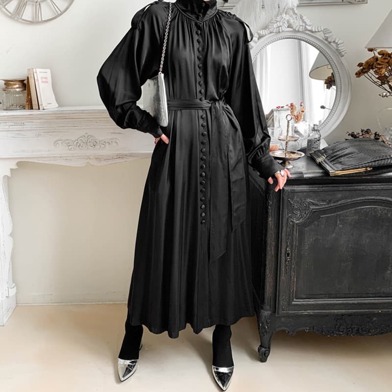 ロングワンピース 韓国風シャツワンピース光沢素材ボタン付きロング丈