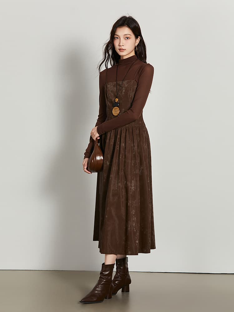 ロングワンピース タートルネック レイヤード風ベロア素材ワンピース