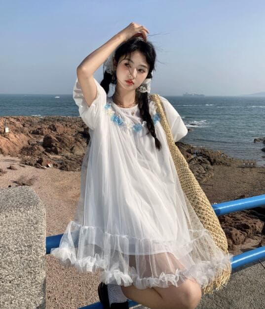 ロングワンピース レース半袖ワンピース 刺繍チュニック風 女性用