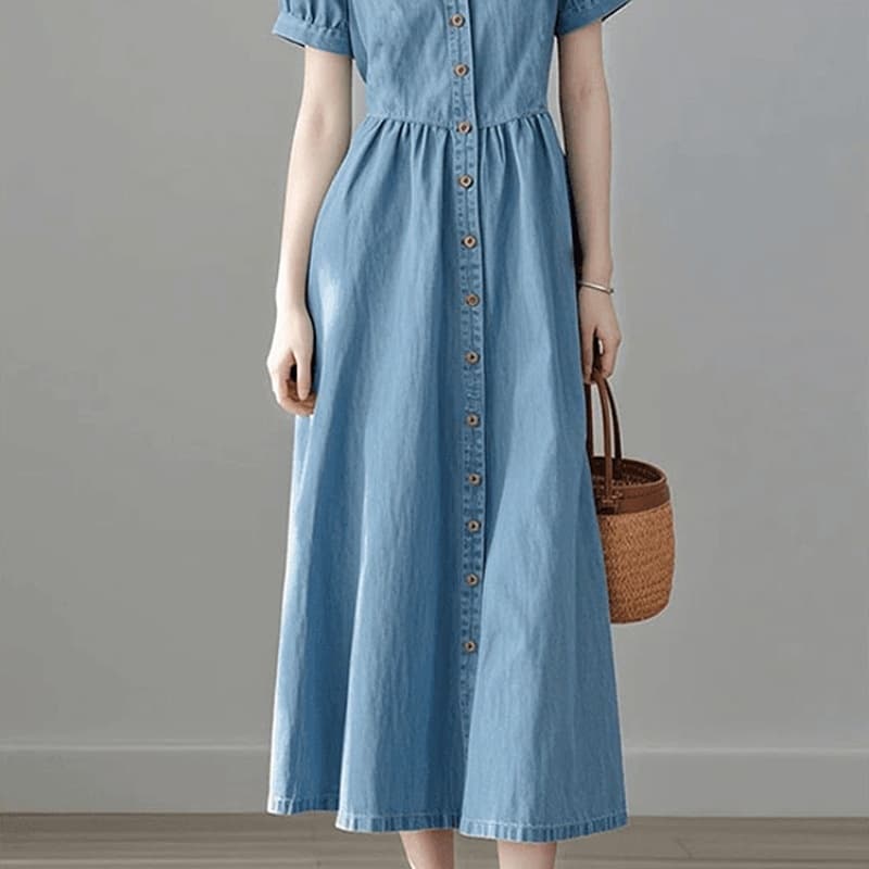 ロングワンピース デニム パフスリーブフロントボタンロングワンピース