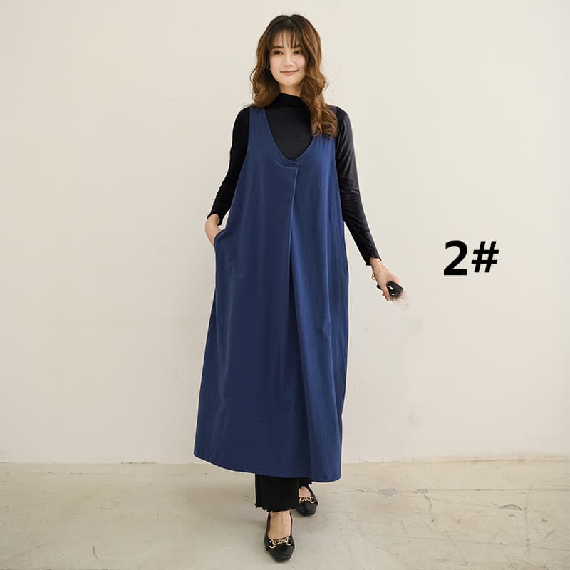 ロングワンピース レディース ロング丈ノースリーブワンピース ブイネック ジャンパースカート