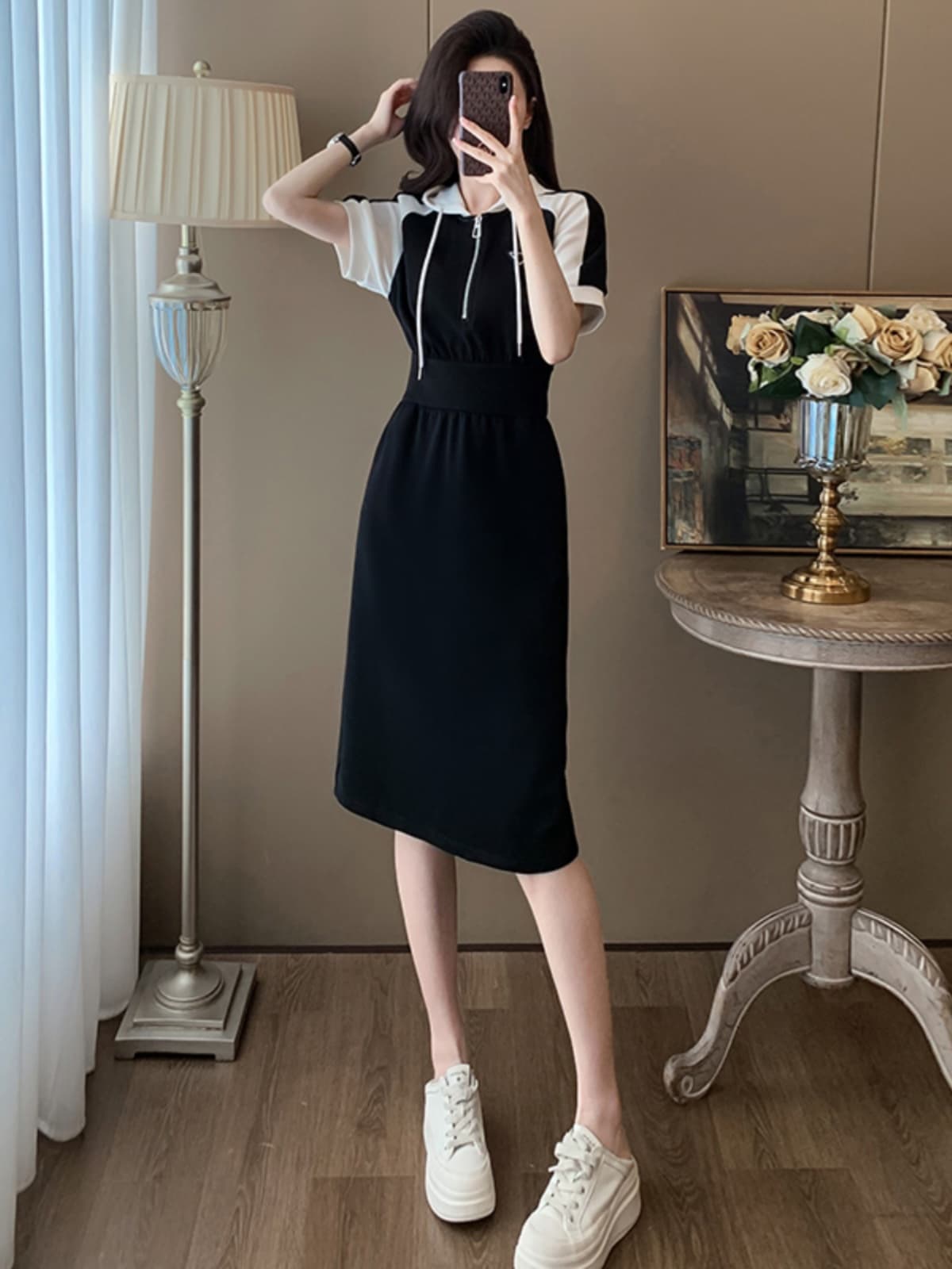 ロングワンピース スウェット バイカラー切替ジップロングワンピース