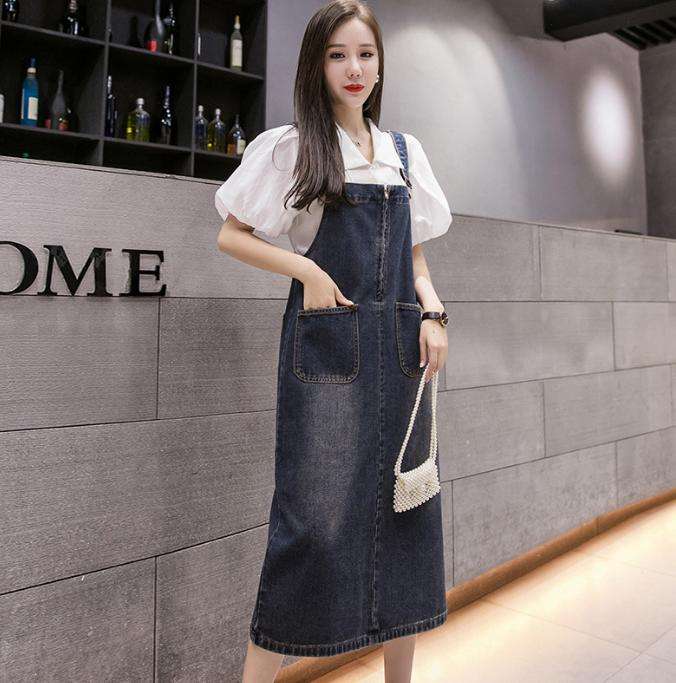 ロングワンピース シンプル優美デニムサロペットワンピース