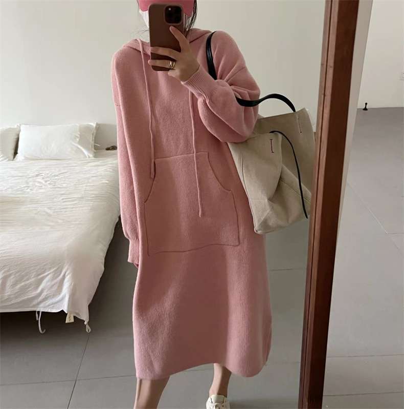 ロングワンピース ゆったりフード付きスウェットロングワンピース