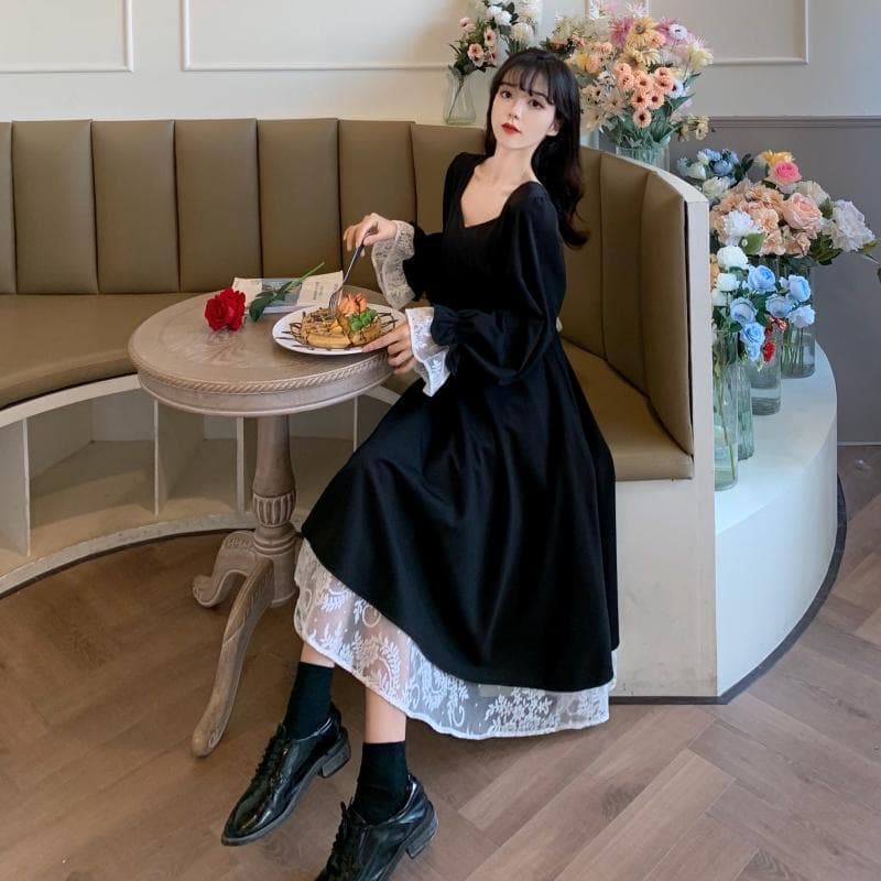 ロングワンピース 背中リボン レース切替 姫袖ワンピース