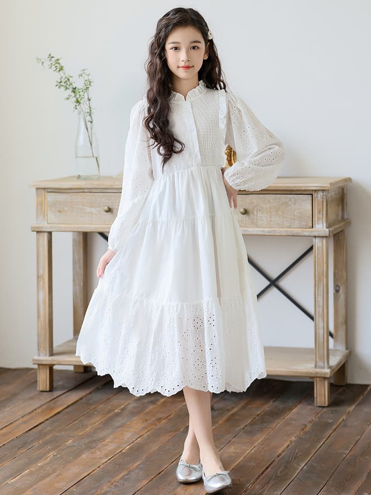 ロングワンピース ふんわり姫袖レース切替ティアードワンピース