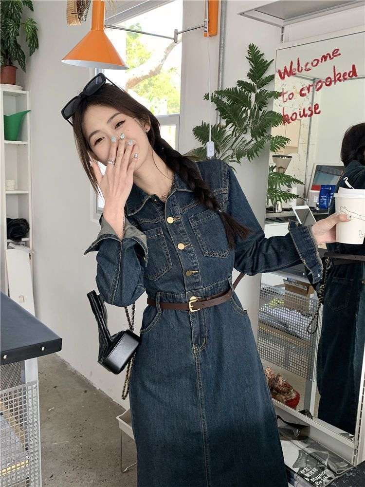 ロングワンピース クラシカル デニムワンピース
