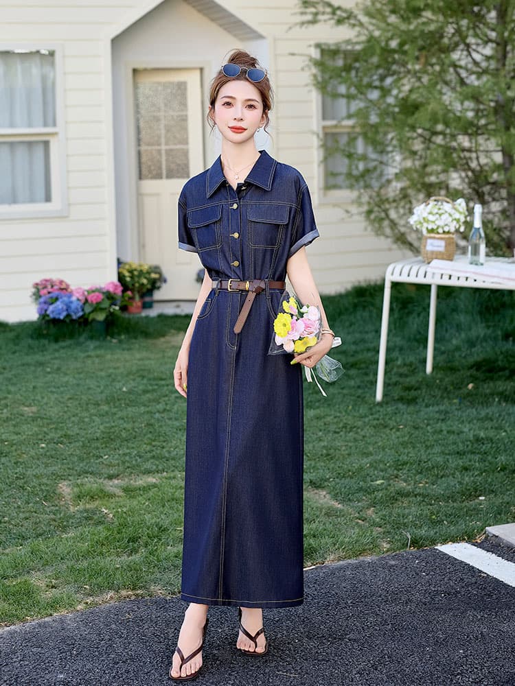 ロングワンピース デニム シャツ襟デニムロングワンピース