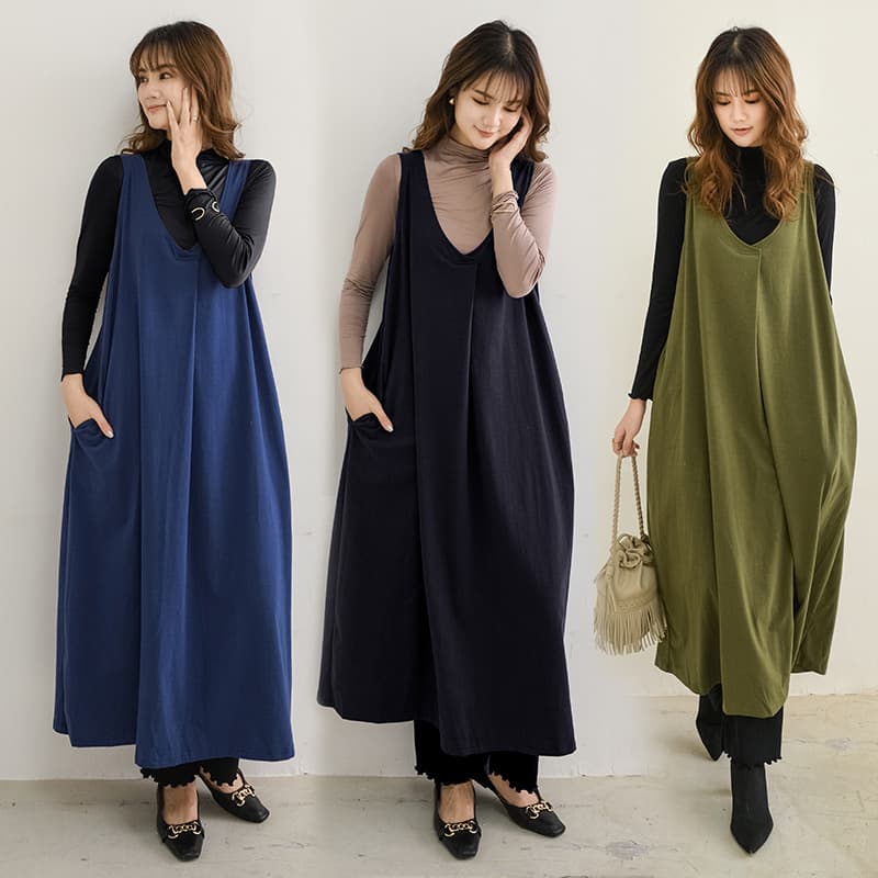 ロングワンピース レディース ロング丈ノースリーブワンピース ブイネック ジャンパースカート