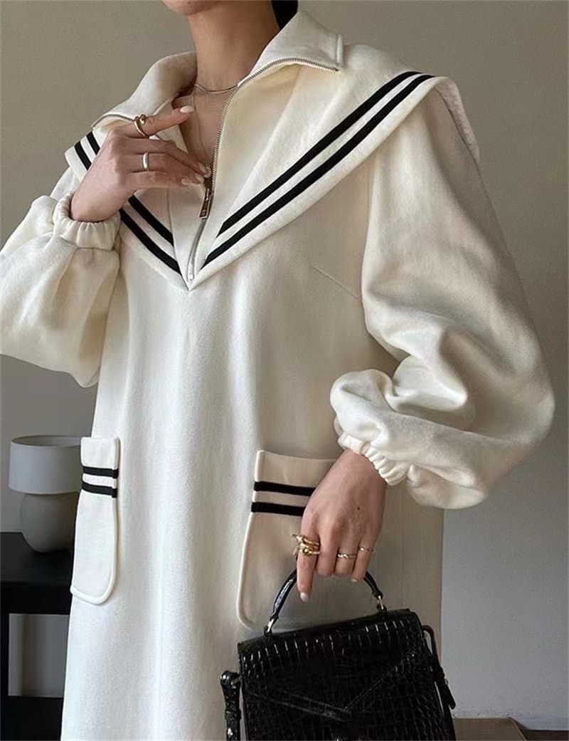 韓国風セーラー襟スウェットロングワンピース