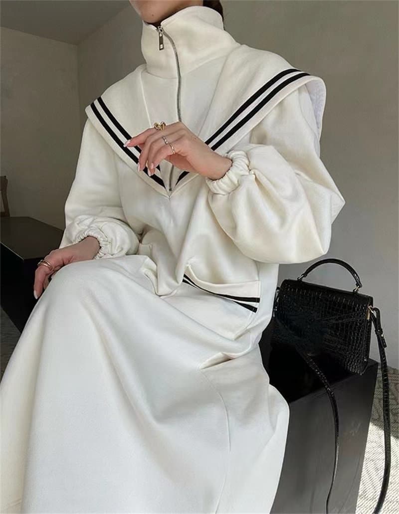 韓国風セーラー襟スウェットロングワンピース