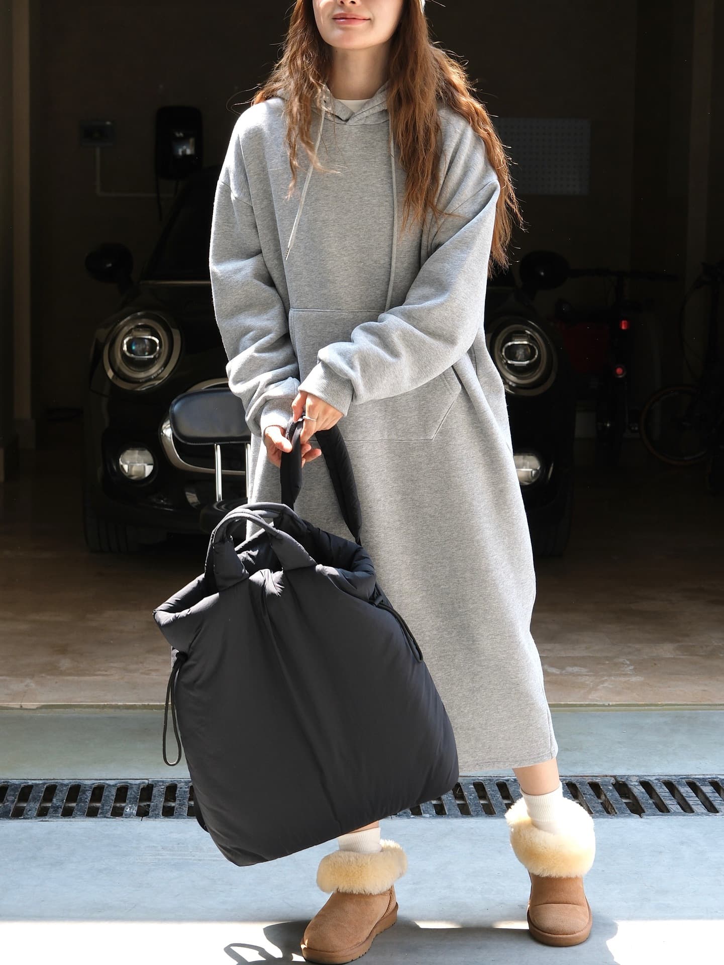 ロングワンピース ふんわりあったかフード付きワンピース