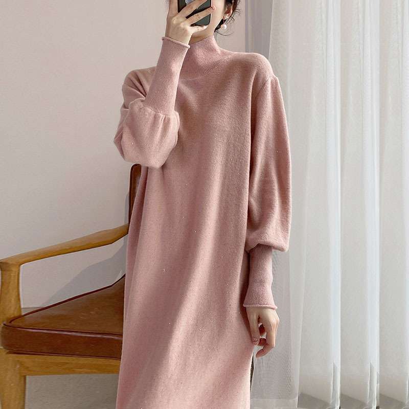 ロングワンピース シンプル モックネック ニットワンピース