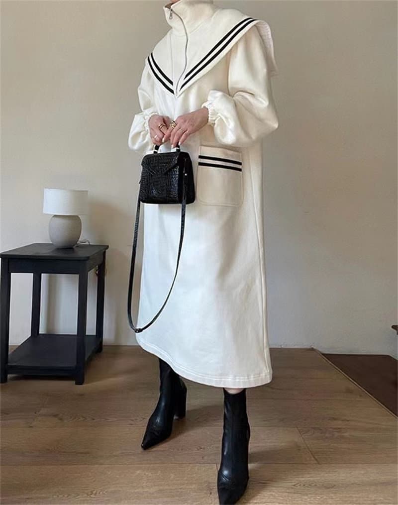 韓国風セーラー襟スウェットロングワンピース