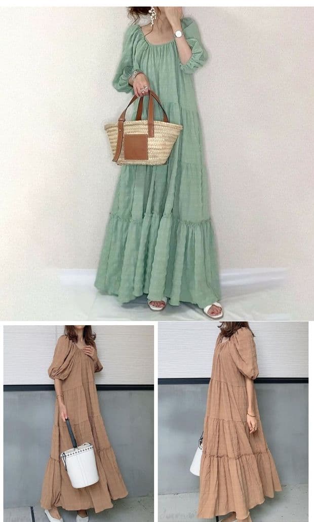 ロングワンピース レース ティアード段フリル袖口ゴム長袖ロングワンピース