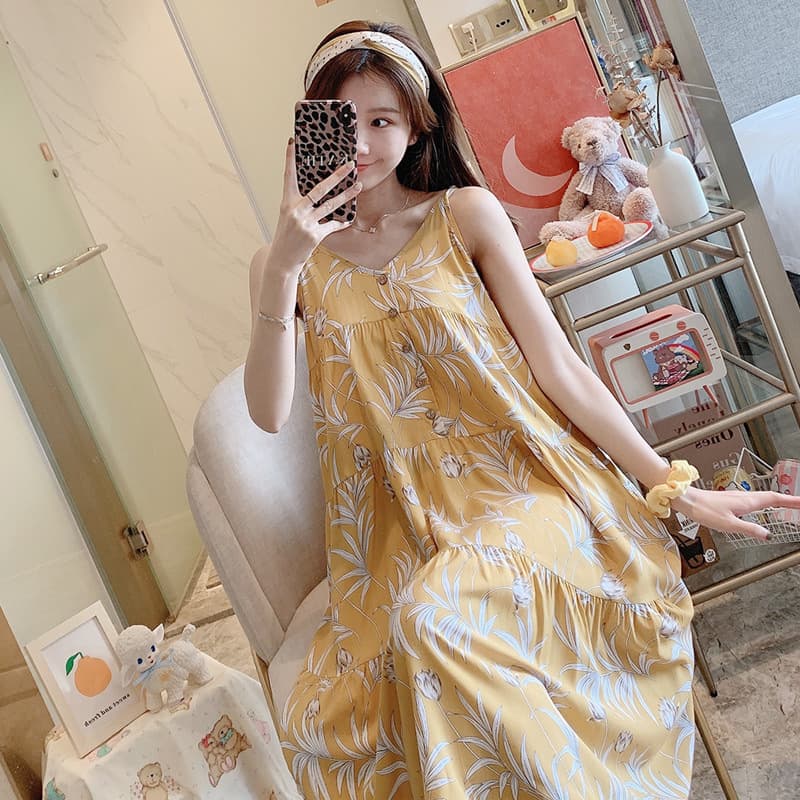 上品花柄ノースリーブロングワンピース寝間着