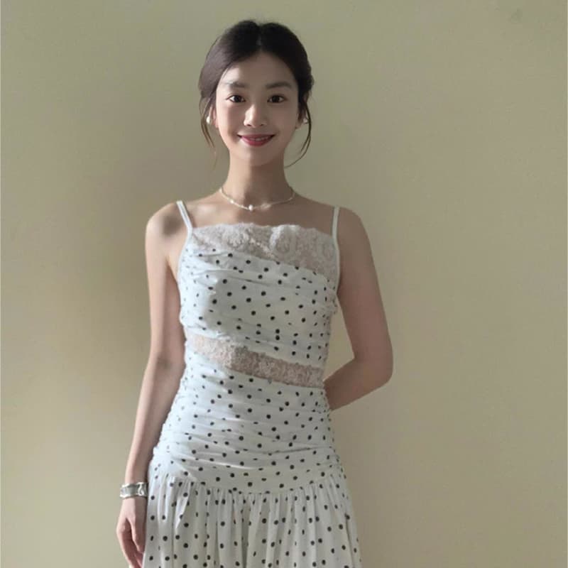 ロングワンピース レース 水玉レース切替優美ロングワンピース