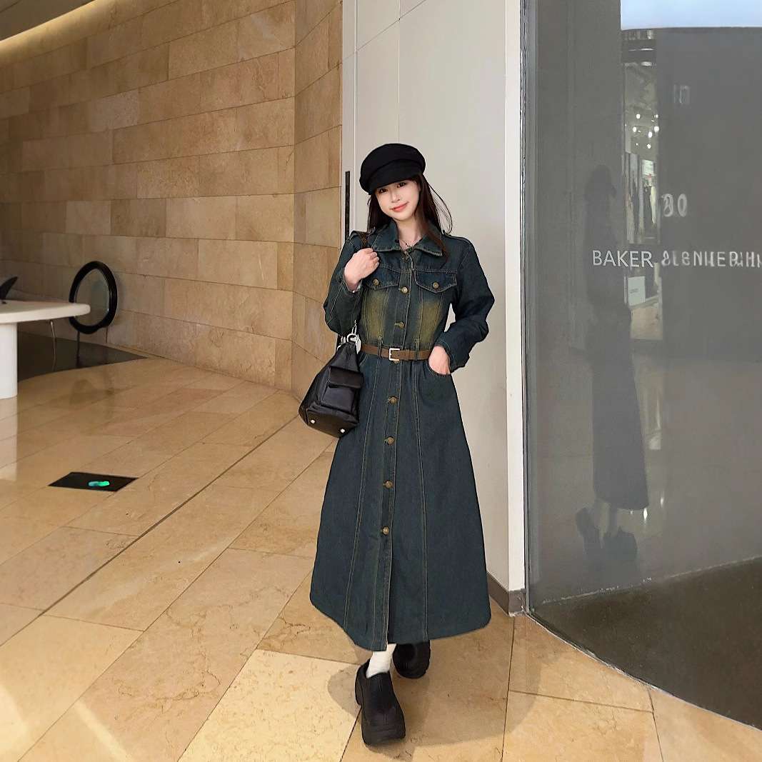 ロングワンピース ふわもこファー付きデニムワンピース
