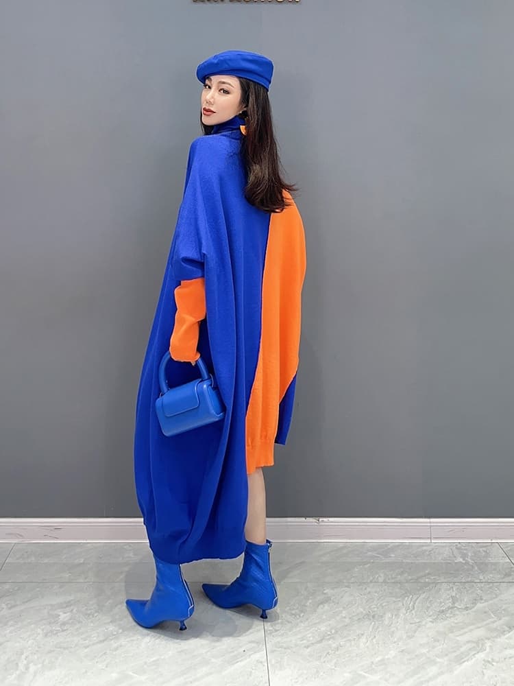 ロングワンピース タートルネック アシンメトリー配色ゆったりニットワンピース