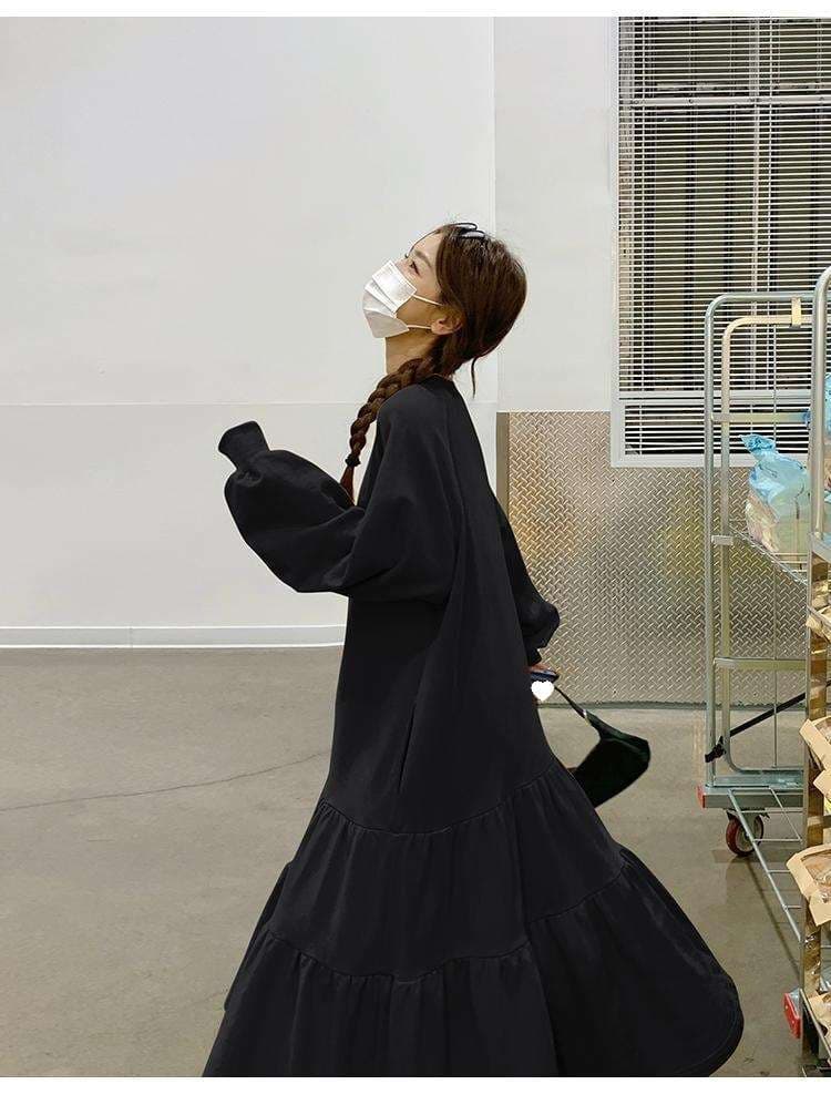 ロングワンピース ふんわりティアード切替リラックスワンピース