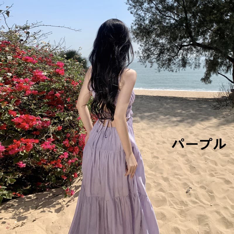 ロングワンピース キャミソール夏ワンピース 大人可愛い紫色 リゾート結婚式対応