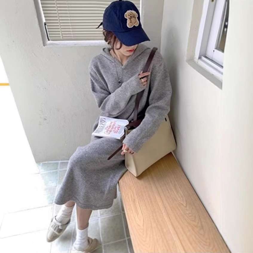 ロングワンピース カシミヤ混 リラックスフードワンピース