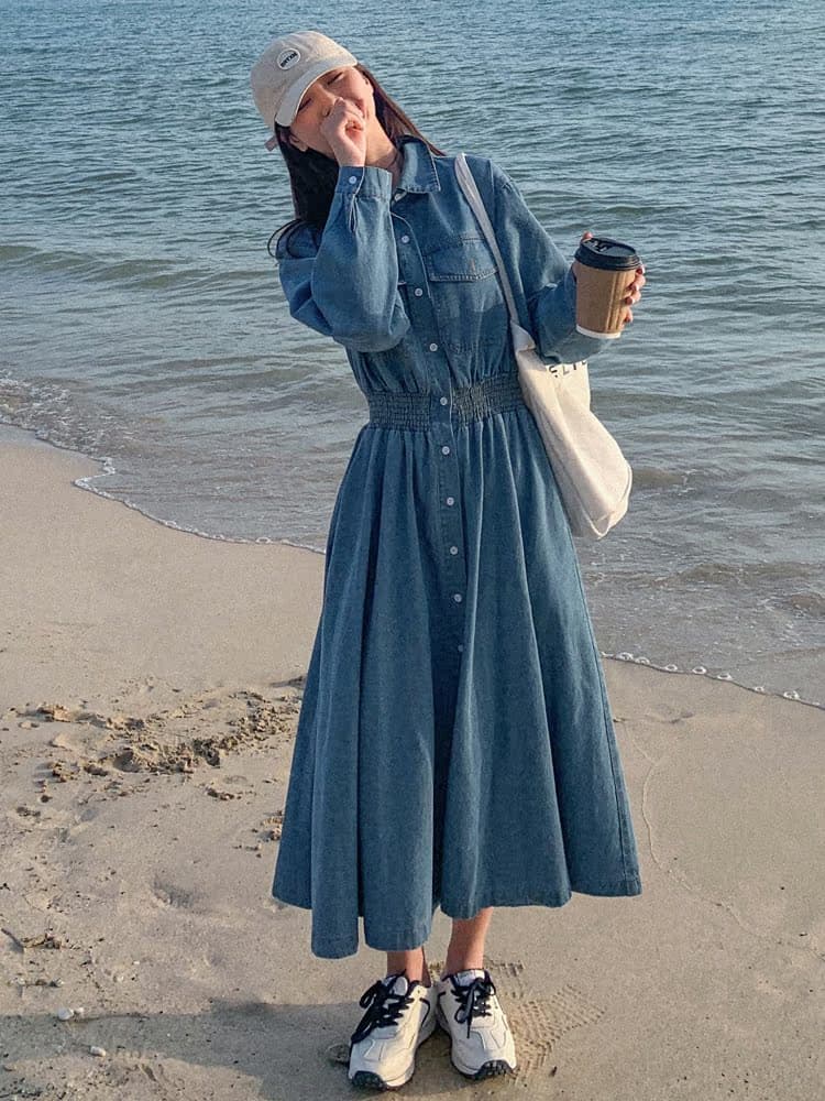 ロングワンピース デニム ウエストゴム入りシャツ襟長袖デニムロングワンピース
