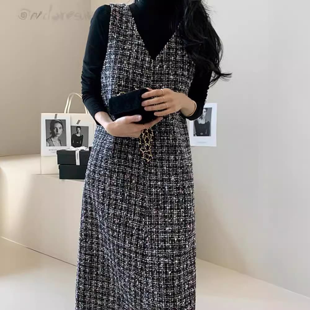 ロングワンピース 上品ツイード素材ロング丈ワンピース レディース