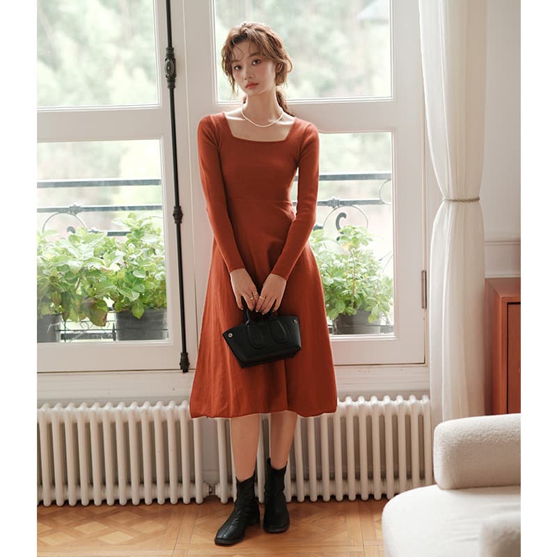 ロングワンピース ニット スクエアネック フレア ニットワンピース