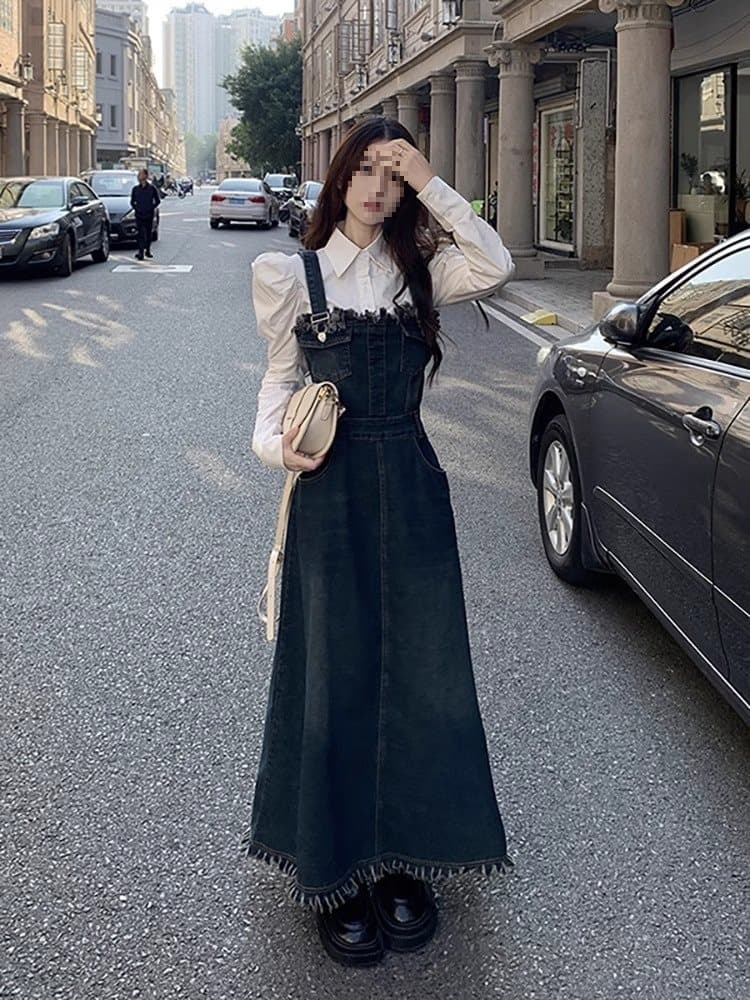 ロングワンピース ギャザーフリル デニムサロペットワンピース