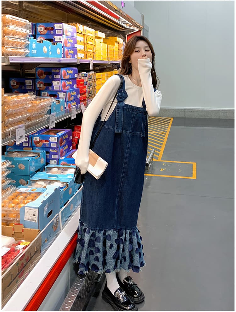 ロングワンピース ハートフリルデニムサロペットワンピース