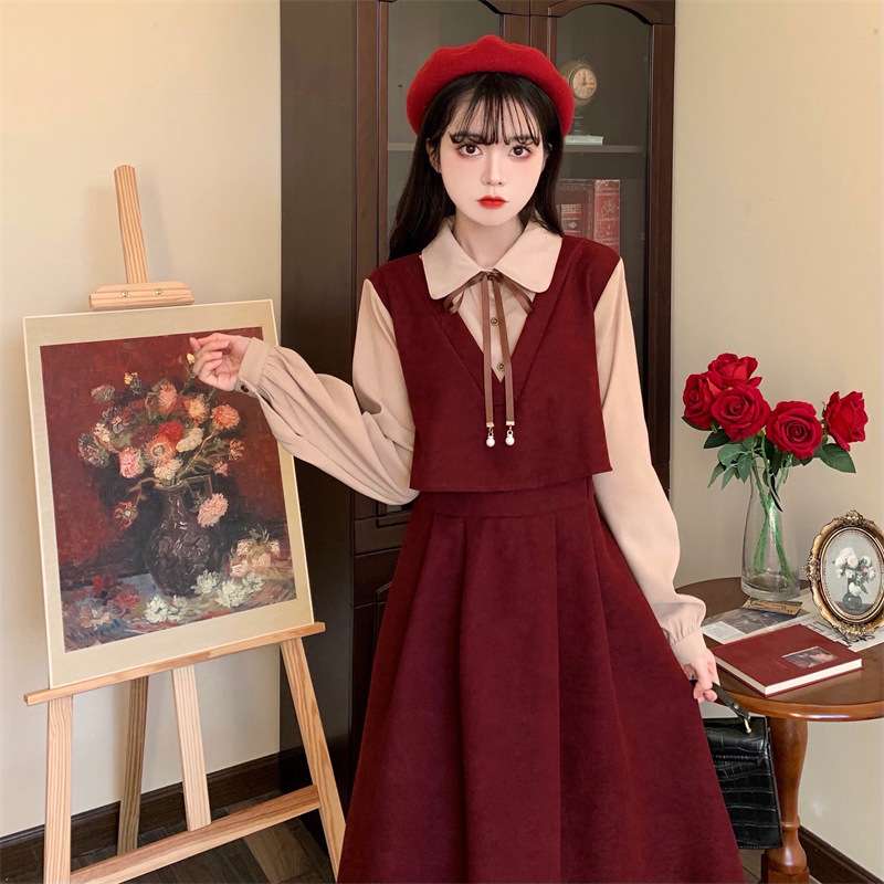 ロングワンピース 花束リボンカラー切替えセーラーワンピース