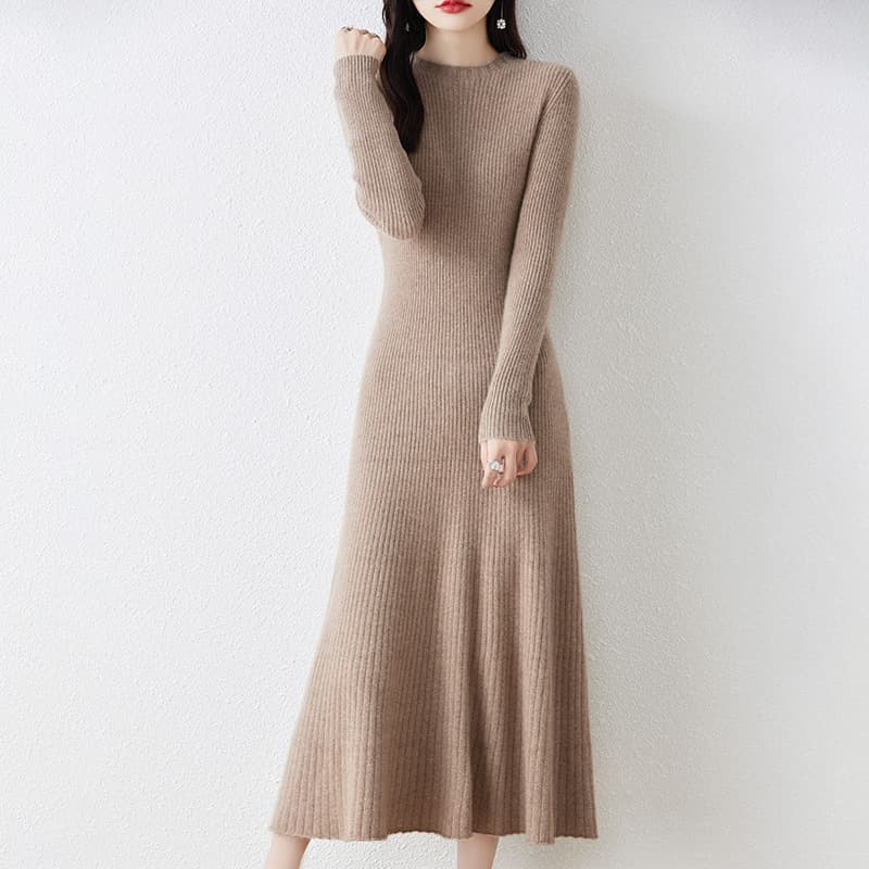 ロングワンピース 優美シルエット リブニットワンピース