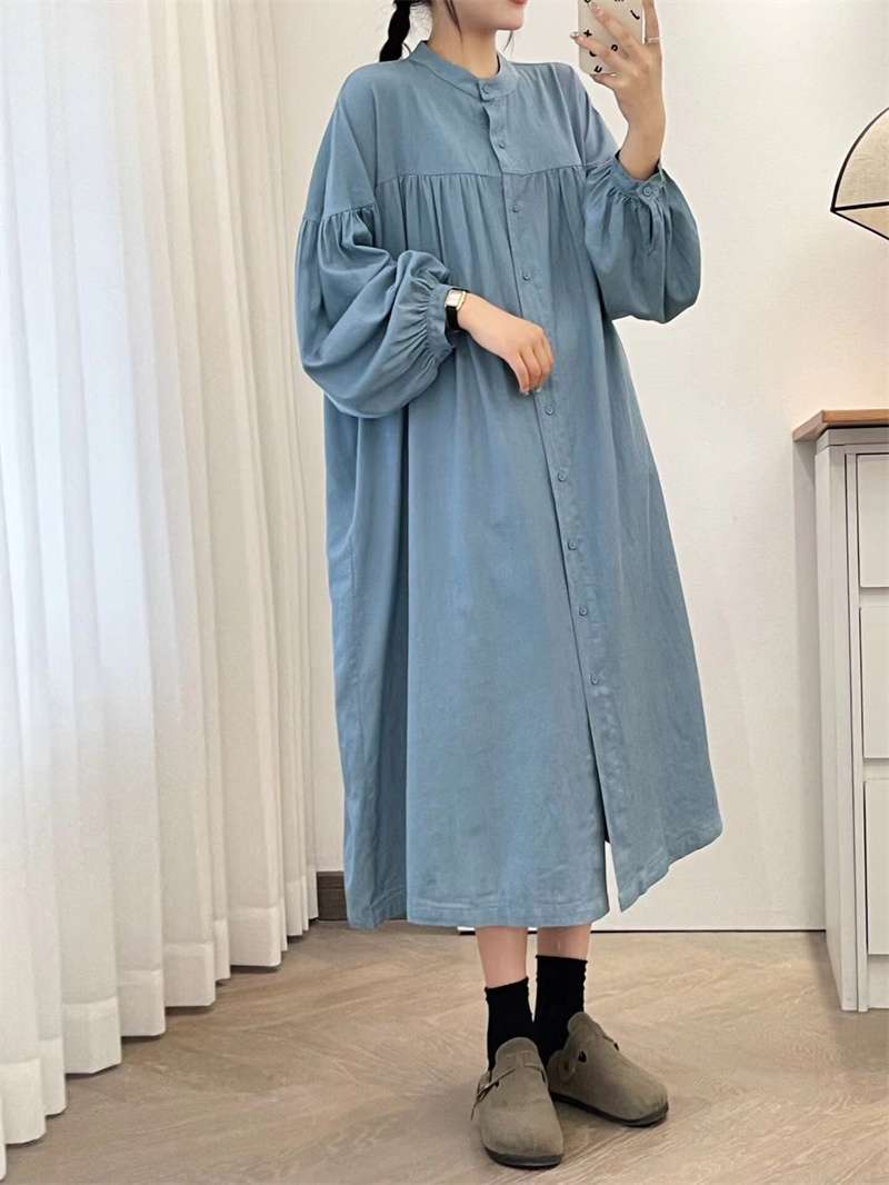 ロングワンピース ギャザーフリル襟 シャーリング ロングワンピース