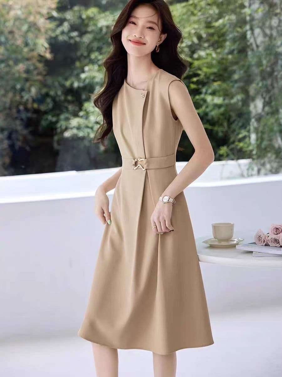 ロングワンピース 上品シャツワンピース夏新作ベルト付きベージュ