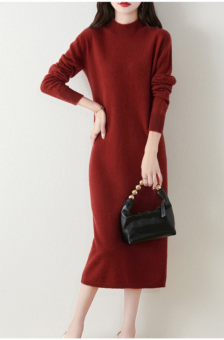 ロングワンピース 上質シンプル モックネックニットワンピース