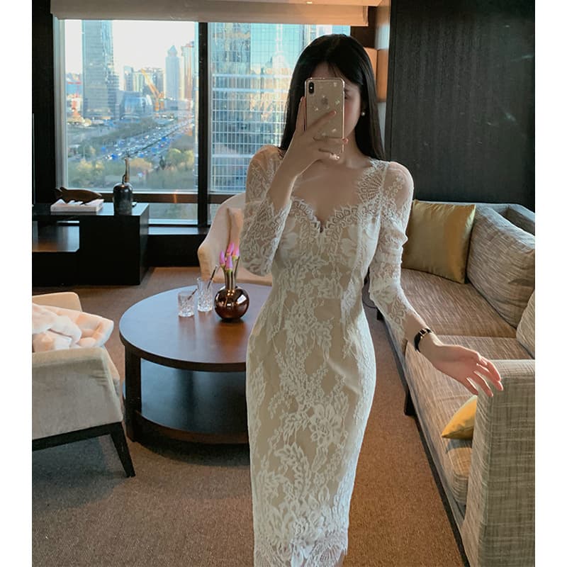 ロングワンピース 優美なレース花柄フルレングスワンピース