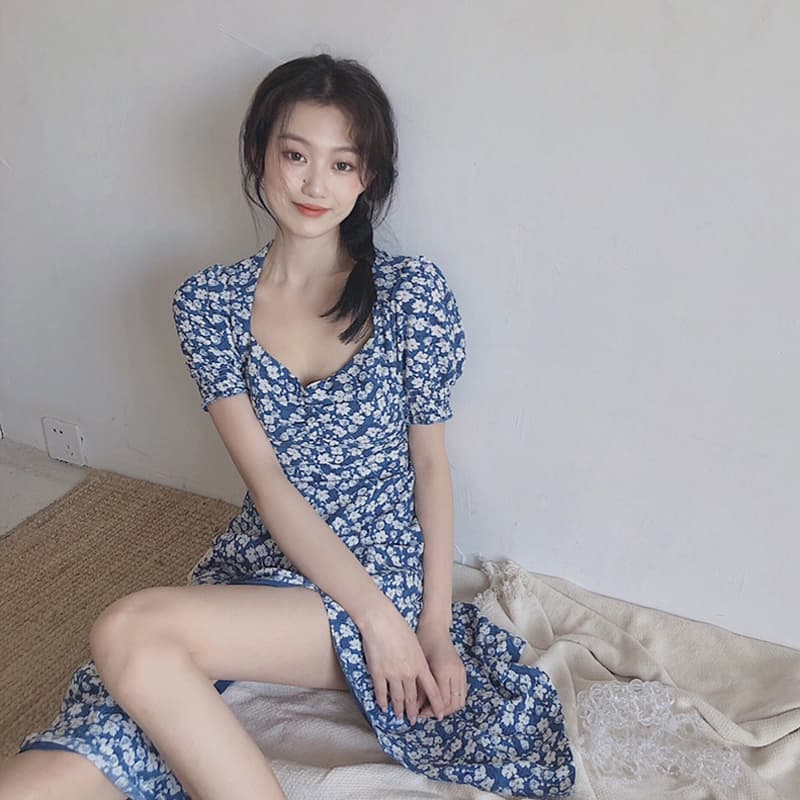 ロングワンピース シャツ 小花柄パフスリーブロングワンピース