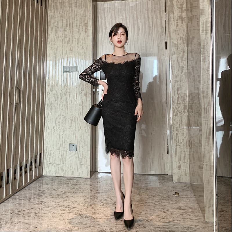 ロングワンピース レース シースルーレース切替ワンピース